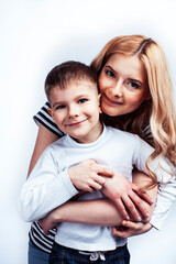 young modern blond mother with cute son together happy smiling family posing cheerful on white background, lifestyle people concept, sister and brother friends
