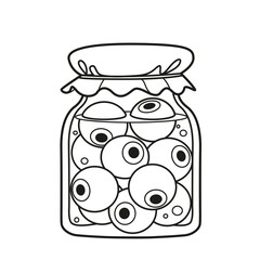Alchemical ingredient eyeballs in a large glass jar covered with paper outlined for coloring page on white background