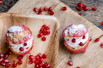 red cranberry-flavored cake with cranberry berries and creamy milk filling