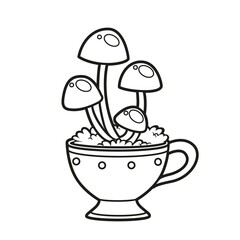 Alchemical ingredient poisonous toadstool mushrooms grow in a teacup outlined for coloring page on white background