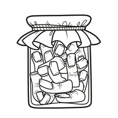 Alchemical ingredient severed fingers preserved in an embalming liquid in a jar outlined for coloring page on white background