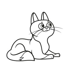 Cute cartoon cat lies on the surface outlined for coloring page on white background