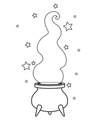 Large Witch's cauldron with magic potion steam outlined for coloring page on white background