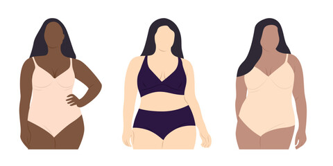 Plus sized woman body underwear. Set of woman model in lingerie vector illustration set.