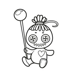 Voodoo doll with a pin sits on the surface outlined for coloring page on white background