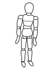 Wooden jointed doll for drawing people outlined for coloring page on white background