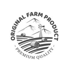 Fototapeta na wymiar Farm market label isolated on white background. Village and landscape agriculture emblem. Vector illustration