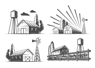 Set of vintage village farm isolated on white background. Vector illustration
