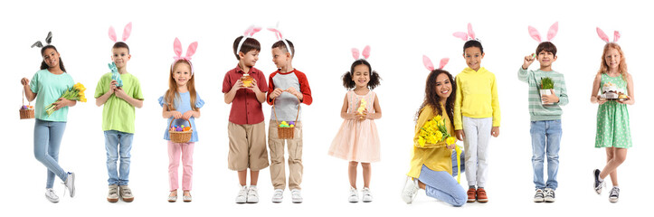 Young woman and group of children with bunny ears and Easter eggs on white background