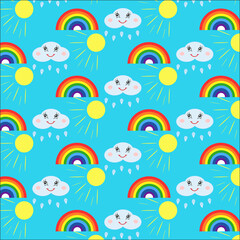 Fototapeta na wymiar Rainbow, sun and cloud with raindrops on a blue background. Children's funny seamless pattern.