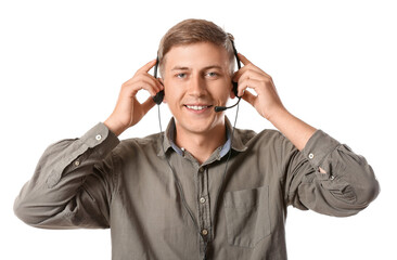 Young consultant of call center in headset on white background