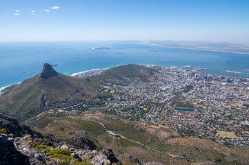 View from Table Mountain on Cape Town in South Africa with Lions Head and Signal Hill