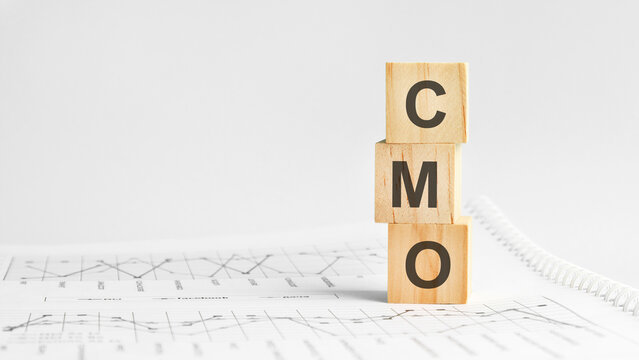 cmo - letters on wooden cubes. concept on cubes and diagrams on a gray background. business as usual concept imag