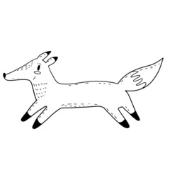 Cute fox in modern cartoon style. Black and white vector illustration.