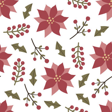 Seamless Christmas floral pattern with poinsettia and leaf on white background, vector illustration