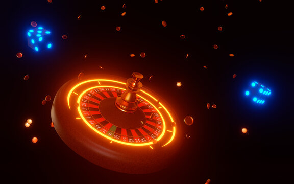 Realistic roulette wheel with neon orange green lights and flying gold coins on black background. Realistic casino roulette table and dice. Gambling concept design. 3d rendering illustration. 