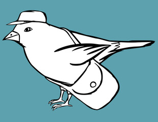 A postman bird in a cap with a bag. Black and white vector illustration.
