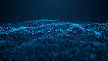 Wave of particles. Abstract background with a dynamic wave. Blue background with moving particles. 3d rendering.