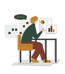 The concept of a young modern woman is a self-confident female leader studying a project. Cartoon business woman in the workplace. Vector in flat style for website, presentation and advertising