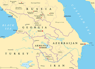 The Caucasus, or Caucasia, political map. A region between the Black Sea and the Caspian Sea, mainly occupied by Armenia, Azerbaijan, Georgia, and parts of Southern Russia, with disputed areas. Vector - obrazy, fototapety, plakaty