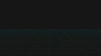 Perspective blue grid on a dark background. Futuristic vector illustration. Background in the style of the 80s.