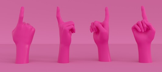 3D illustration of a row of hand models making pointing gesture that are indicating a location or object. 