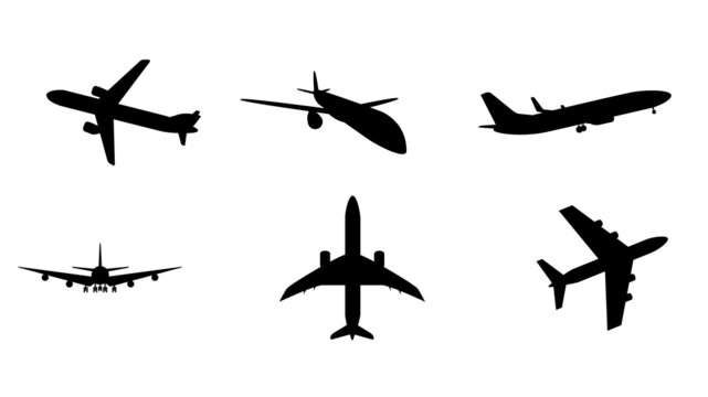 Silhouette of black and white aircraft in the sky, isolated. Illustration