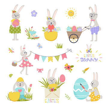Easter bunny set with cute flowers and eggs. Cute cartoon bunnies holding colored eggs set. Happy Easter hand drawn animals flat cartoon collection. Funny rabbit characters. Vector illustration