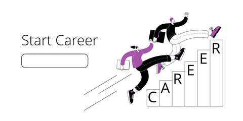 A man and a girl in casual clothes with a laptop in their hands are running up the career ladder. Vector illustration of a successful career.