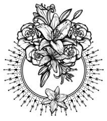 Botanical vector illustration, summer lilium and roses flowers, bouquet of flowers, romantic decoration, print on t-shirt, line art style, Handmade, tattoo