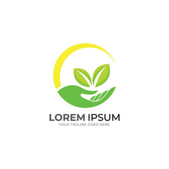 Hand and leaf  sun logo vector template.