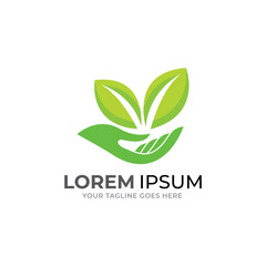 Hand and leaf  sun logo vector template.