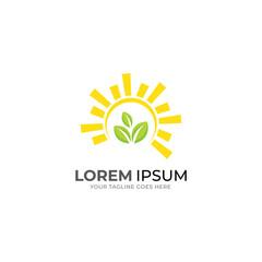 Hand and leaf  sun logo vector template.