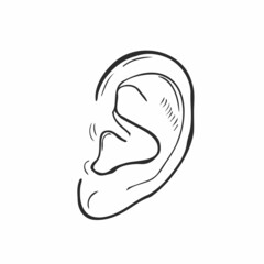Human ear hand drawn outline doodle icon. Human ear as a concept of listening and hearing vector sketch illustration for print, web, mobile and infographics isolated on white background. - obrazy, fototapety, plakaty