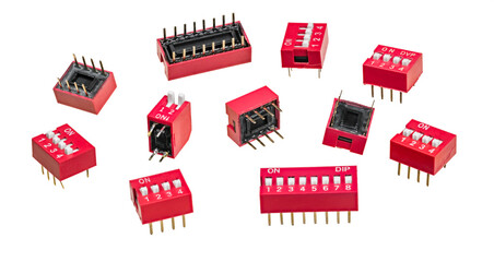 Various DIP switch set for PCB isolated on white background. Group of slide-style or piano-style...