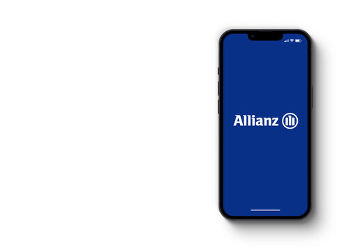 Allianz insurance and asset management app on the smartphone iPhone 13 screen. White background. Rio de Janeiro, RJ, Brazil. March 2022