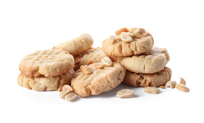 Tasty peanut cookies on white background