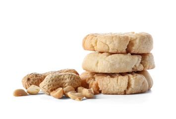 Tasty peanut cookies on white background