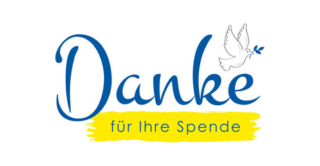 Ukraine - Danke für Ihre Spende, Text, Banner, Emblem mit Friedenstaube