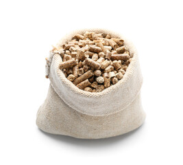 Sack with wood pellets on white background