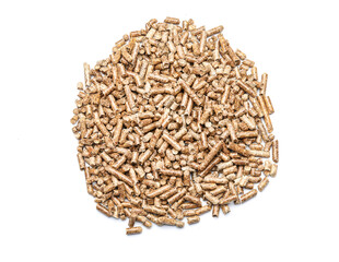 Pile of wood pellets on white background