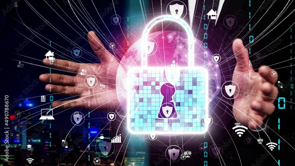Poster cyber security encryption technology to protect data privacy conceptual . 3d render computer graphic