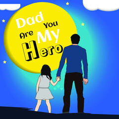Naklejka premium Happy Father's day.Cute little girl holding her father's hand bravely as if he is her hero.Emotional post design for banner, flyer, social media post, card