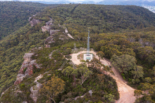 Drone Aerial Photograph Of A Telecommunications Tower In Regional Australia.