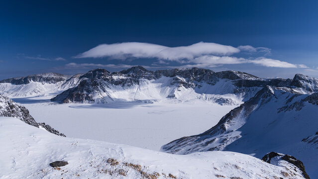 Scenic view of the Changbai Mountain in winter in Jilin, China on blue sky background