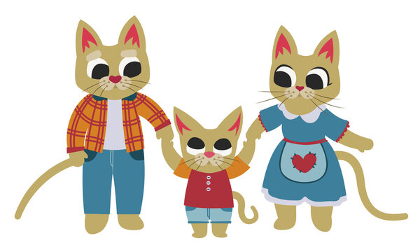 Family of cats. Anthropomorphic animals in flat style