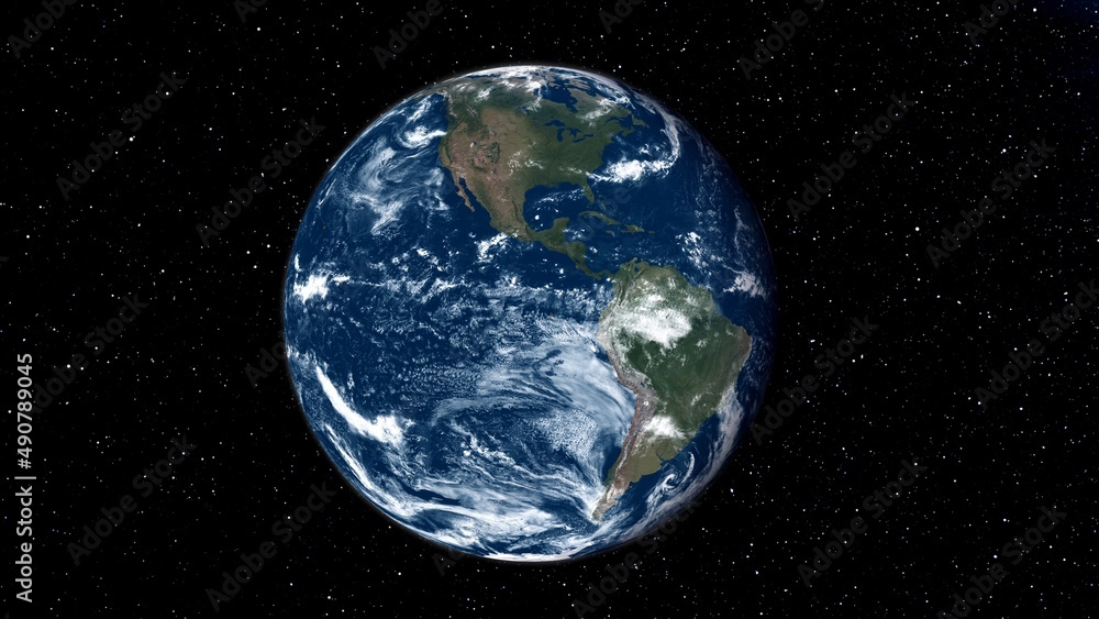 Wall mural planet earth globe view from spaceflight with realistic earth surface from space and world map as in