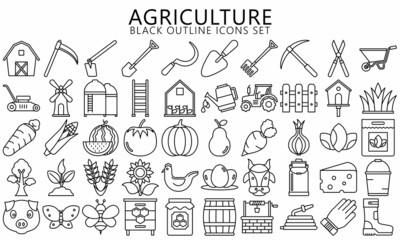 Set of Agriculture and Farming black outline Icons. Contains such Icons farmers equipment, tractors, vegetables. Used for web, UI, UX kit and applications, vector EPS 10 ready convert to SVG.