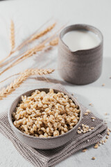 Bowl of cooked peeled barley grains porridge