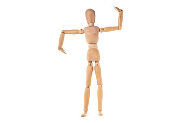 a wooden man stands with his hand up and the other down isolated on a white background